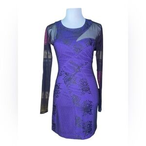 BCBGMAXAZRIA -Purple Black Lace Mesh Long Sleeve Bodycon Dress Size 10